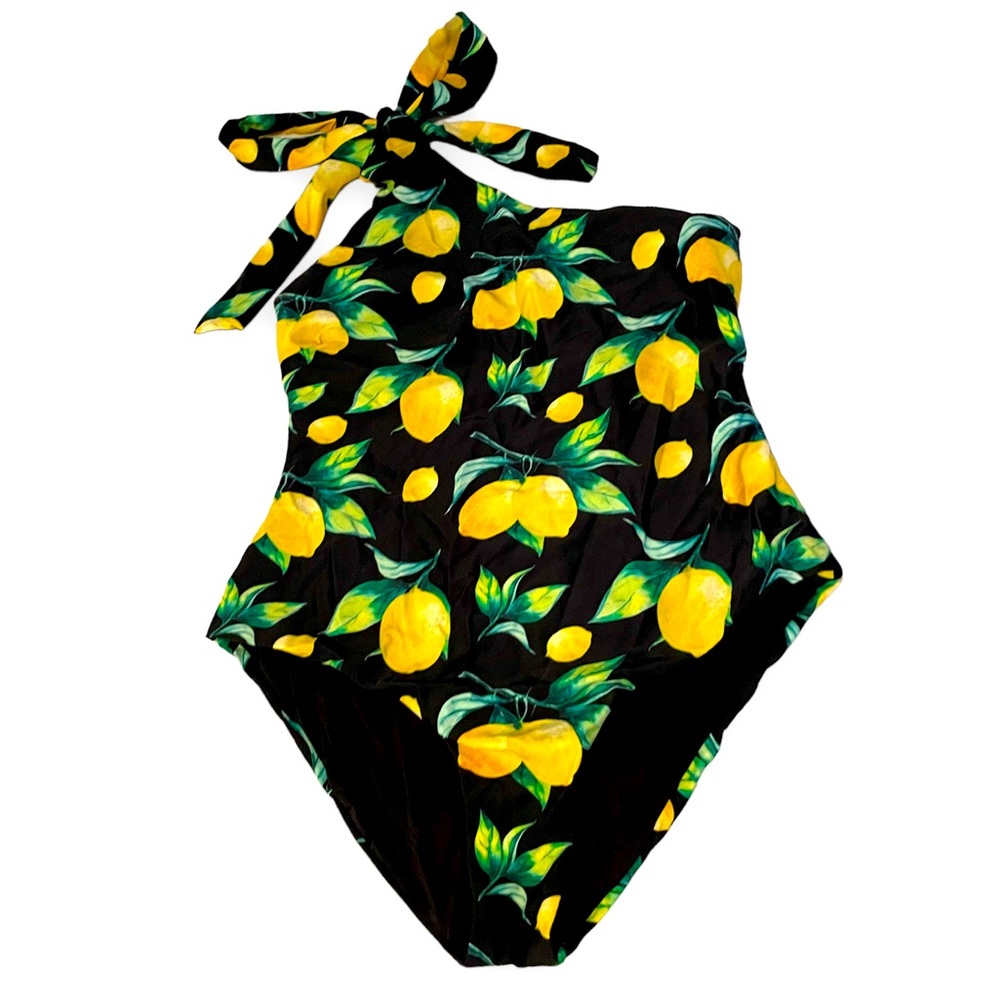 Sonya Swim Black Lemon Print One Shoulder One Piece Swimsuit Bathing Suit